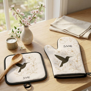 Monogram Hummingbird Botanische Blumige Geburtstag Ofenhandschuh & Topflappen-Set
