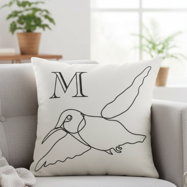 Monogram Hummingbird Line Art Kissen (Minimalist modern hummingbird line art initial pillow)