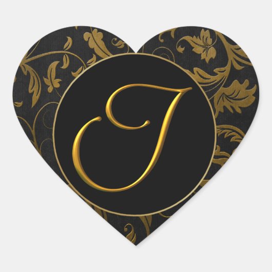 Monogram I Gold and Black Damask Wedding Siegel Herz-Aufkleber (Vorderseite)