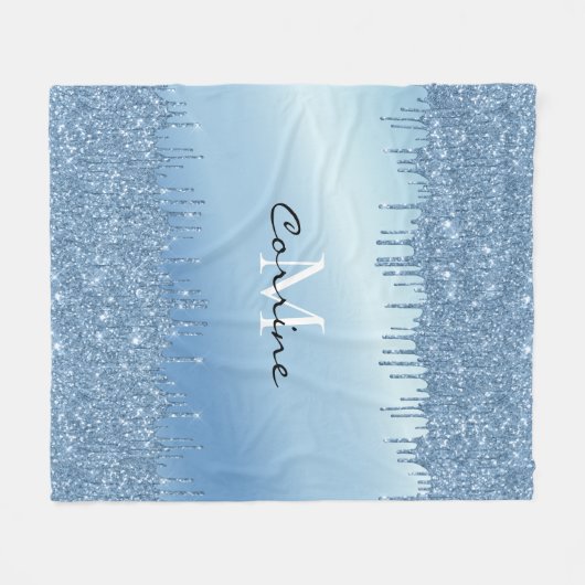 Monogram Ice Blue Dripping Glitzer Metallic Name Fleecedecke (Vorderseite (Horizontal))