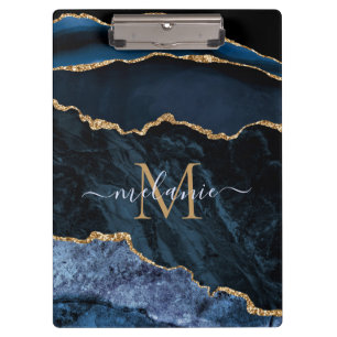 Monogram, Ihr Name Navy Blue Gold Marmor Clipboard Klemmbrett