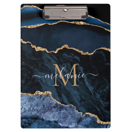 Monogram, Ihr Name Navy Blue Gold Marmor Clipboard Klemmbrett (Vorderseite)