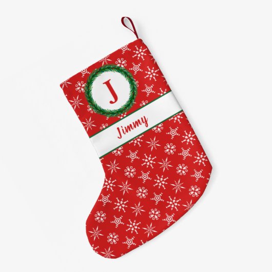 Monogram, Ihr Name Rot und Weiß Schneeflocken Kleiner Weihnachtsstrumpf (Rückseite (Hängend))