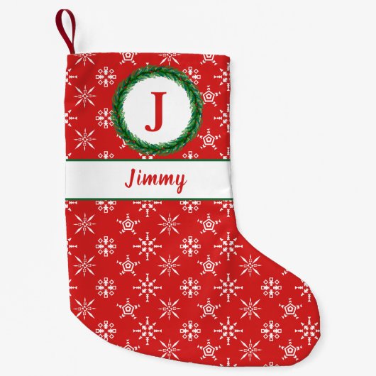 Monogram, Ihr Name Rot und Weiß Schneeflocken Kleiner Weihnachtsstrumpf (Vorderseite)