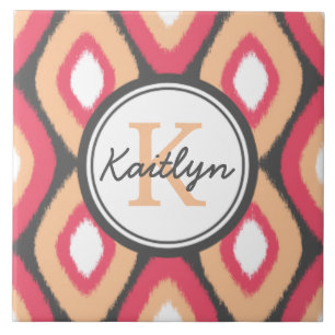 Monogram Ikat Diamonds Pattern Pink Grau Fliese