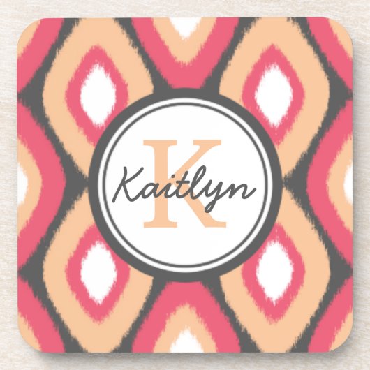 Monogram Ikat Diamonds Pattern Pink Grau Untersetzer (Vorderseite)