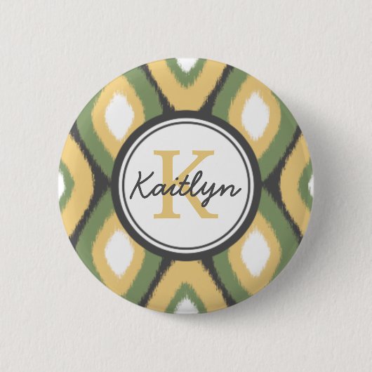 Monogram Ikat Diamonds Pattern Sage Gelb Button (Vorderseite)