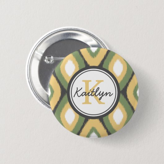 Monogram Ikat Diamonds Pattern Sage Gelb Button (Vorne & Hinten)
