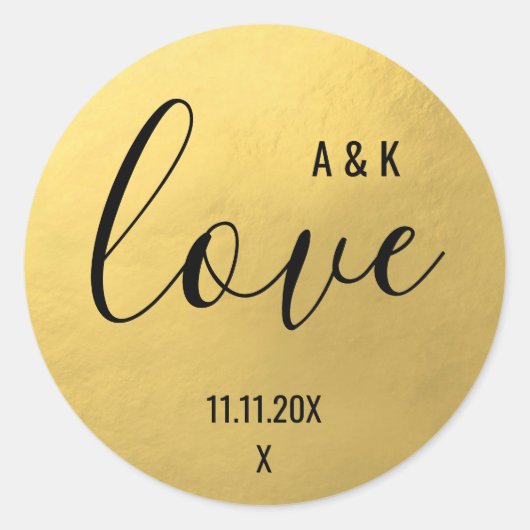 Monogram Imitate Gold Foil LIEBE Script Black Wedd Runder Aufkleber (Vorderseite)