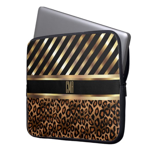 Monogram Imitate Gold Strips und 🐆 Leopard Print Laptopschutzhülle (Vorderseite Links)