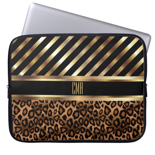 Monogram Imitate Gold Strips und 🐆 Leopard Print Laptopschutzhülle (Vorderseite)