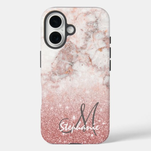 Monogram Imitate Rose Gold Glitzer Weißes Marmor O Case-Mate iPhone Hülle (Rückseite)