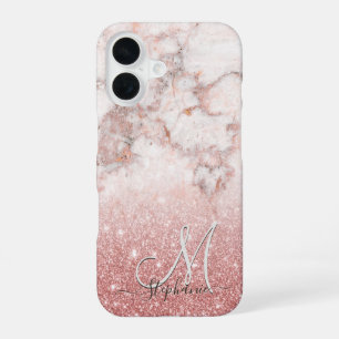 Monogram Imitate Rose Gold Glitzer Weißes Marmor O iPhone 16 Hülle