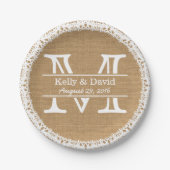 Monogram Imitats Burlap & Lace Rustic Wedding Pappteller (Vorderseite)