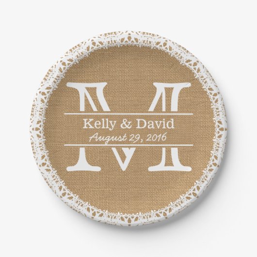 Monogram Imitats Burlap & Lace Rustic Wedding Pappteller (Vorderseite)