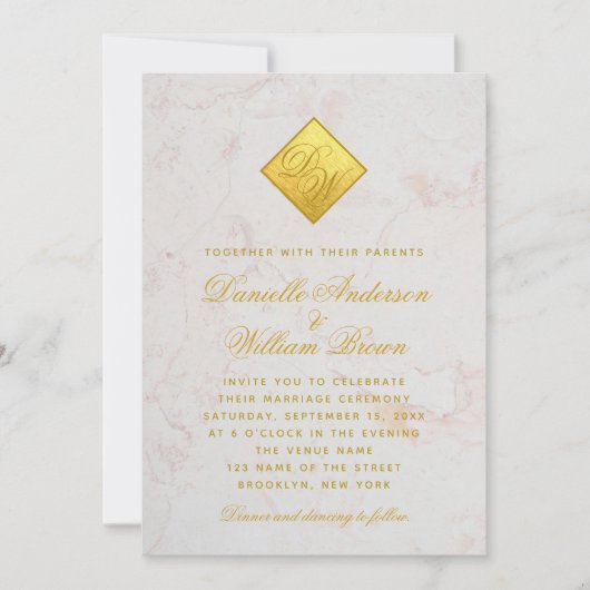 Monogram Imitats Gold Foil Marble Script Hochzeit Einladung (Vorderseite)