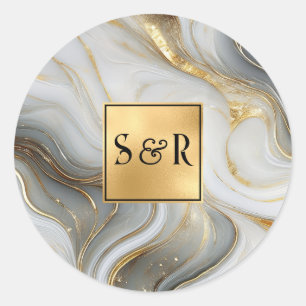 Monogram Imitats Gold, Grau-Weiß-Marmor-Hochzeit Runder Aufkleber