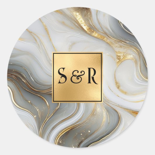 Monogram Imitats Gold, Grau-Weiß-Marmor-Hochzeit Runder Aufkleber (Vorderseite)