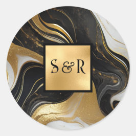 Monogram Imitats Gold, Schwarz-weiße Marmorhochzei Runder Aufkleber