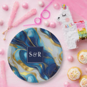 Monogram Imitats Hochzeit Gold, Blau und Weiß Pappteller (Party)