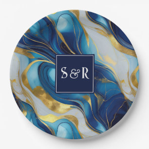 Monogram Imitats Hochzeit Gold, Blau und Weiß Pappteller