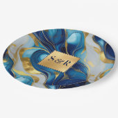 Monogram Imitats Hochzeit Gold, Blau und Weiß Pappteller (Schrägansicht)