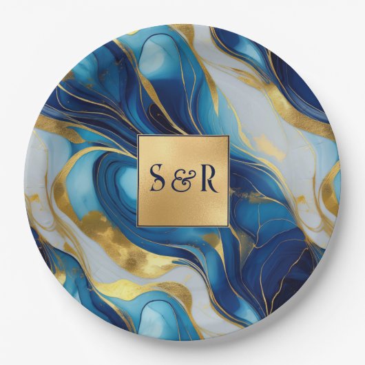 Monogram Imitats Hochzeit Gold, Blau und Weiß Pappteller (Vorderseite)