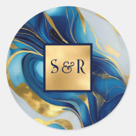 Monogram Imitats Hochzeit Gold, Blau und Weiß Runder Aufkleber