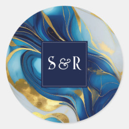 Monogram Imitats Hochzeit Gold, Blau und Weiß Runder Aufkleber