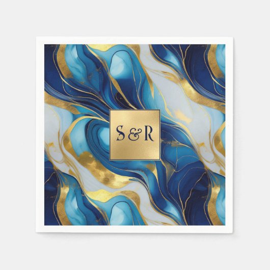 Monogram Imitats Hochzeit Gold, Blau und Weiß Serviette (Vorderseite)