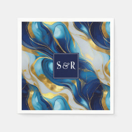 Monogram Imitats Hochzeit Gold, Blau und Weiß Serviette
