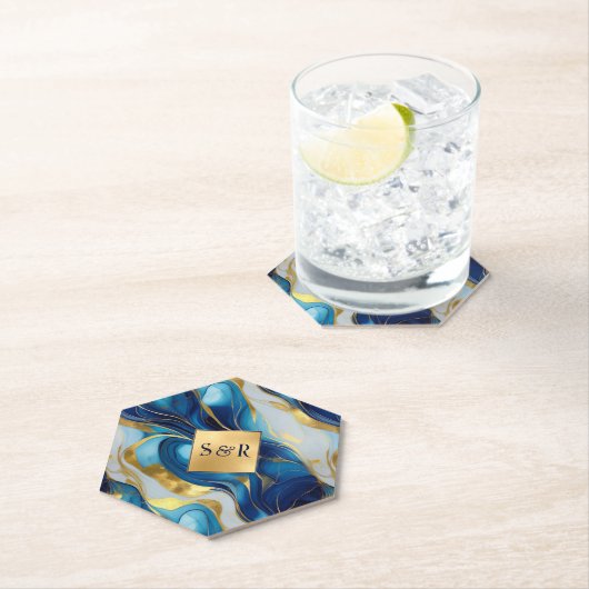 Monogram Imitats Hochzeit Gold, Blau und Weiß Untersetzer (Vor Ort)