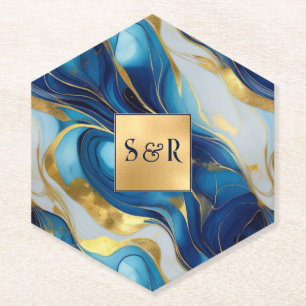 Monogram Imitats Hochzeit Gold, Blau und Weiß Untersetzer