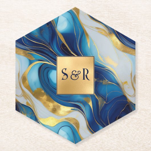 Monogram Imitats Hochzeit Gold, Blau und Weiß Untersetzer (Vorderseite)