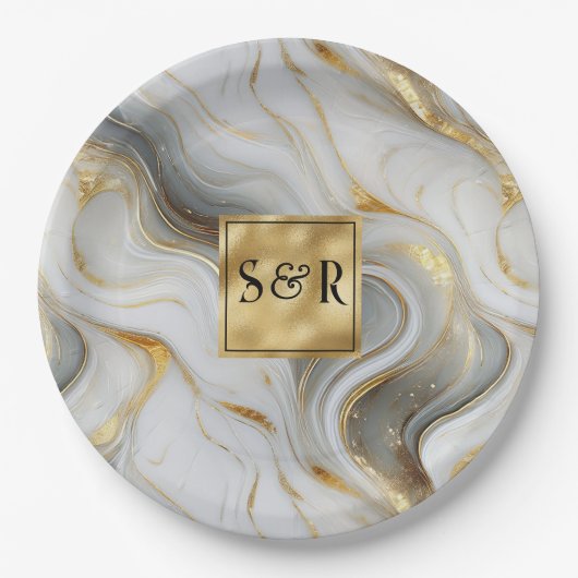 Monogram Imitats Hochzeit Gold, Grau und Weiß Pappteller (Vorderseite)