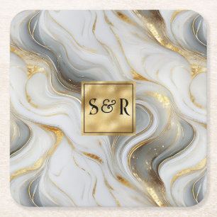 Monogram Imitats Hochzeit Gold, Grau und Weiß Rechteckiger Pappuntersetzer