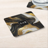 Monogram Imitats Hochzeit Gold, Schwarz & Weiß Rechteckiger Pappuntersetzer (angewinkelt)