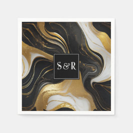 Monogram Imitats Hochzeit Gold, Schwarz & Weiß Serviette