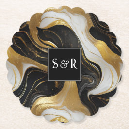 Monogram Imitats Hochzeit Gold, Schwarz & Weiß Untersetzer