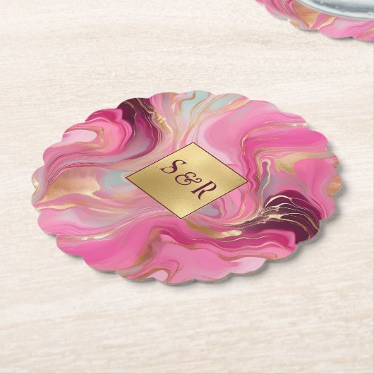 Monogram Imitats Hochzeit Gold und Rosa Untersetzer (angewinkelt)