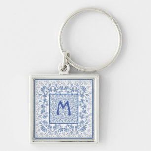 Monogram Indigo Blue Floral Border Schlüsselanhäng Schlüsselanhänger