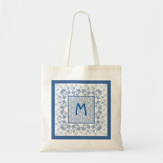 Monogram Indigo Blue Floral Border Toag Tragetasche (Vorne)