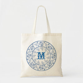 Monogram Indigo Blue Floral Border Toag Tragetasche