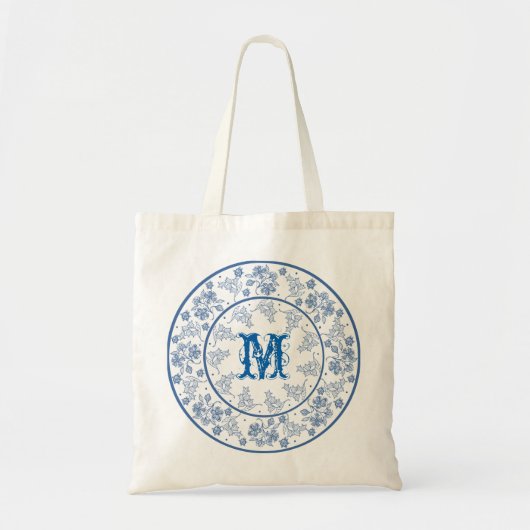 Monogram Indigo Blue Floral Border Toag Tragetasche (Vorne)