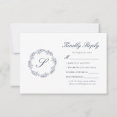 Monogram Indigo Blue Wreath Wedding RSVP Karte (Vorderseite)