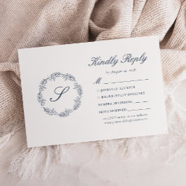 Monogram Indigo Blue Wreath Wedding RSVP Karte