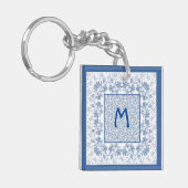 Monogram Indigo Floral Border Acrylic Schlüsselanh Schlüsselanhänger (Vorderseite links)
