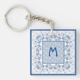 Monogram Indigo Floral Border Acrylic Schlüsselanh Schlüsselanhänger