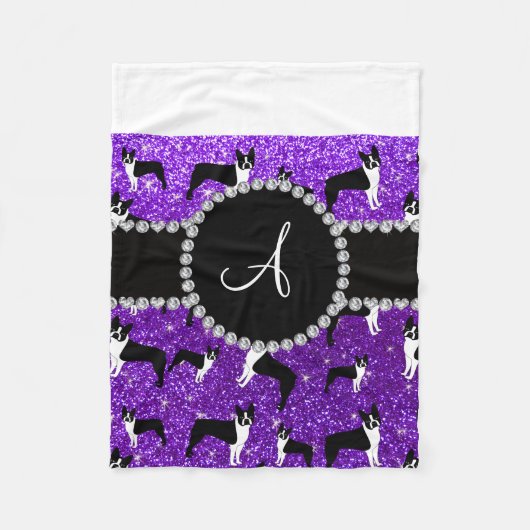Monogram Indigo lila Glitzer Boston Terrier Fleecedecke (Vorderseite)