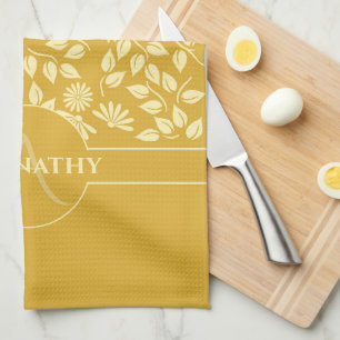 Monogram Individuelle Name Blätter Daisies Golden Geschirrtuch